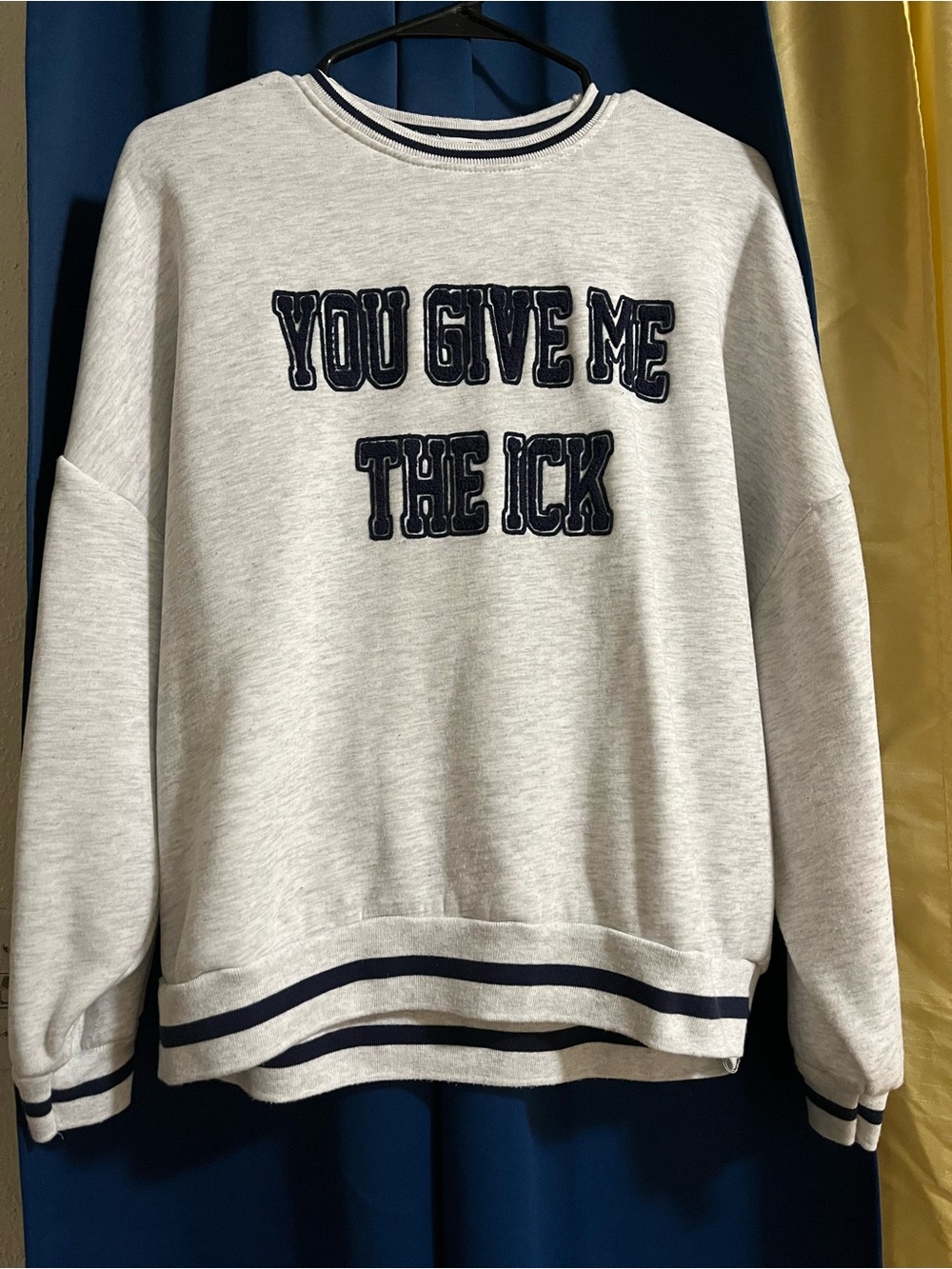 Light Gray Crewneck Sweater with Navy Lettering